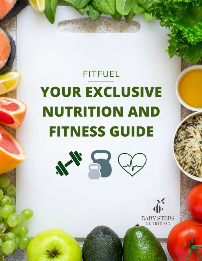 FitFuel nutrition and fitness guide cover with the Baby Steps Nutrition logo