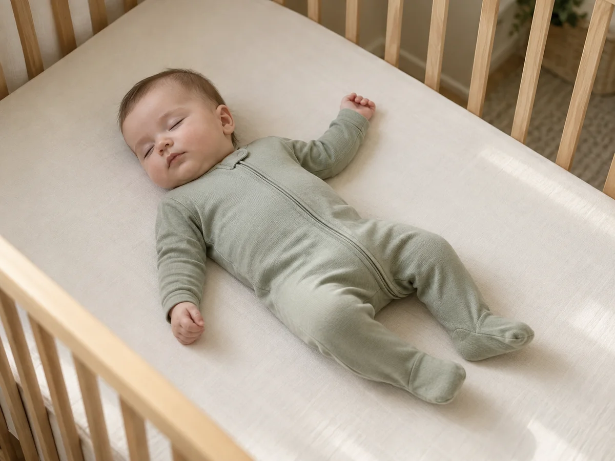 Editorial image of an infant resting in a crib