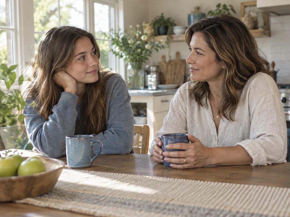Editorial image of a mother and teenage daughter talking at a kitchen table
