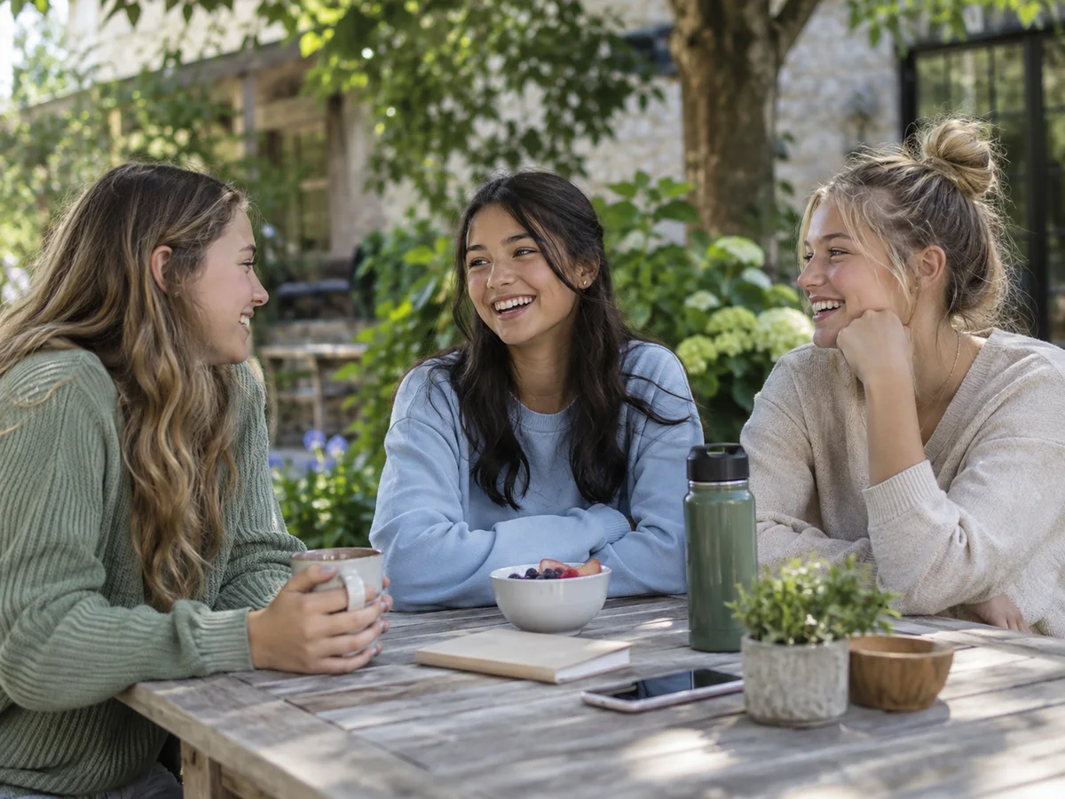 Editorial image of teenage friends sharing a conversation outdoors